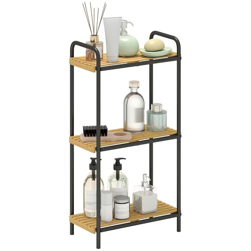 HOMCOM Estantería de Baño de Bambú de 3 Niveles Estantería de Almacenaje con 3 Baldas Abiertas Diseño de Lamas y Estructura de Acero para Cocina Baño Salón 41,5x21,5x77,5 cm Natural y Negro
