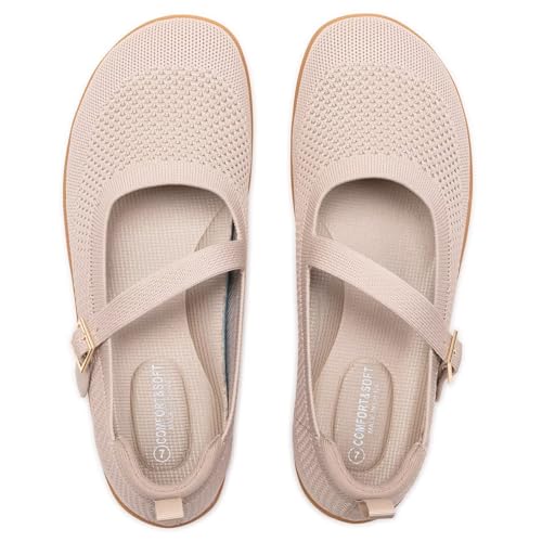 Frank Mully Women's Wide Width Flats Mary Jane Flat Comofortable Knit Ballet Flat Wide Toe Box Dress Shoes with Adjustable Straps Nude