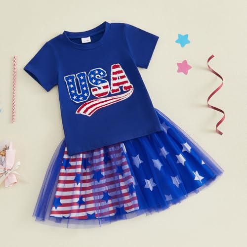 Image of Kayotuas Toddler Baby Girl 4th of July Outfit American Flag Shirt Red Blue Stars Tulle Tutu Skirts Kids Fourth of July Dress