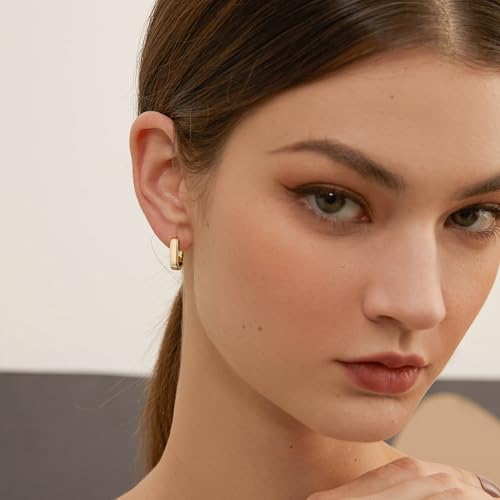 14K Gold Plated Hoop Earrings for Women Trendy Small Chunky Gold Earrings Hypoallergenic 925 Sterling Silver Post Earrings Small Square Thick Huggie Hoops Earrings for Jewelry Gift