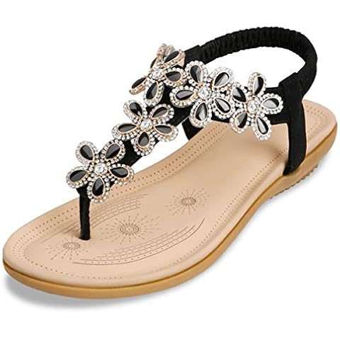 ZOEREA Women's Flat Sandals, T-Strap Rhinestone Flower Bead Sandals Cover