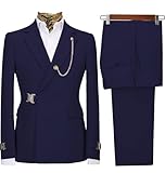 Men's 2 Piece Suit with Metal Clasp Slim Fit Suit Stylish Business Tuxedo Suit Set-48,Navy