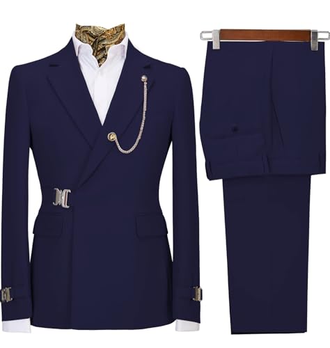 Men's 2 Piece Suit with Metal Clasp Slim Fit Suit Stylish Business Tuxedo Suit Set-48,Navy