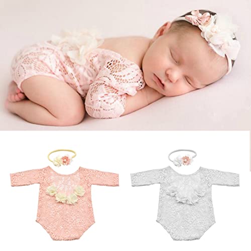Image of Yuehuam Newborn Girl Photography Outfits Cute Lace Rompers Photography Props with Flower Headband Baby Photo Props Bodysuit Outfit, 1735150/120006AM47USMNH