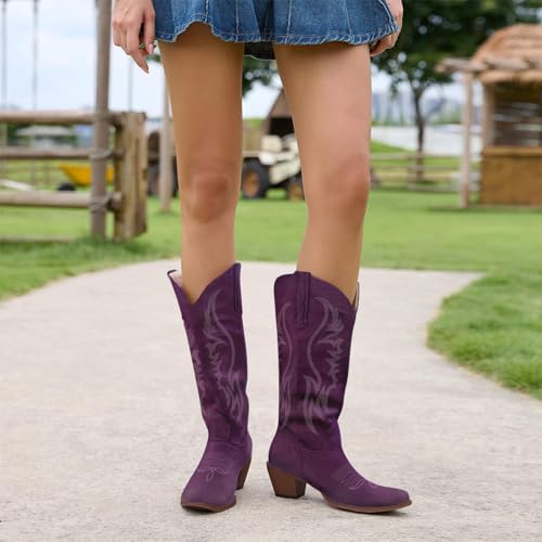 Image of KaroNairy Women Cowboy Boots Faux Suede Embroidered Pointed Thick Heeled Western Wide Calf Cowgirl Ponited Toe Mid Calf Boots