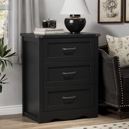 Image of Nightstand with 3 Drawers, 24 inch Wide Farmhouse Bedside End Table, Rustic Wood Side Table Night Stand with Mental Handle, Tall Modern Small Dresser Chest of Drawers for Bedroom, Living Room, Dorm, Black