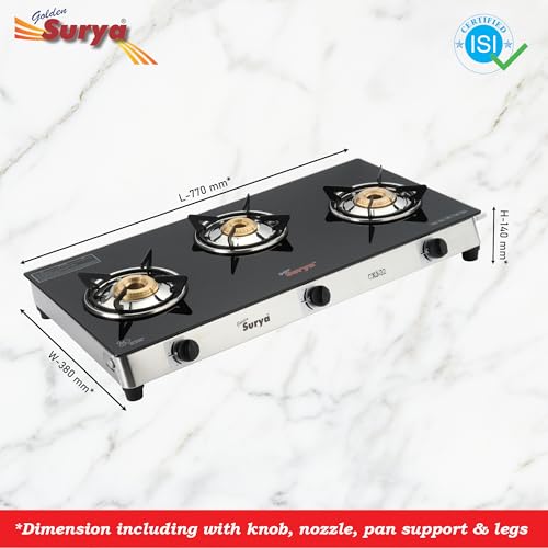 Image of Golden Surya 3 Burner Gas Stove with Toughened Glass Top, Stainless Steel Body, Manual Ignition, ISI Certified, 18 Months Warranty (CXJ-32-SS)
