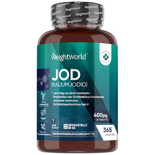 Jod Tabletten - 400µg pro Tablette - 365 Kaliumjodid Tabletten - 1 Jahresvorrat - Jod trägt zu einer normalen kognitiven Funktion bei (EFSA) - 1 Tablette Täglich - Iodine von WeightWorld