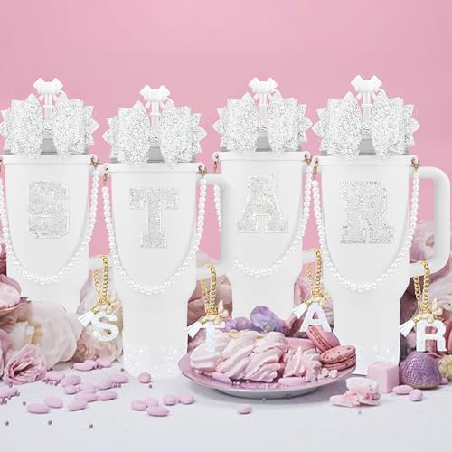 Hpebl 9PCS White for Stanley Cup Accessories Set Bling Initials Bow Charms for Stanley Decorations 30/40 Oz Tumbler Accessories Including Bow Straw Topper, Handle Strap, Spill Stopper（Letter R） - image 7
