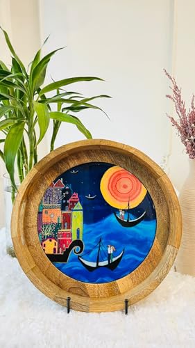 Image of Wooden Designer Round Serving Tray - 12 Inch | Premium Mango Wood Decorative | Eco-Friendly Non-Toxic Multipurpose Serving Tray for Tea, Coffee, Snacks, Home, Kitchen & Gifting(Blue FC)
