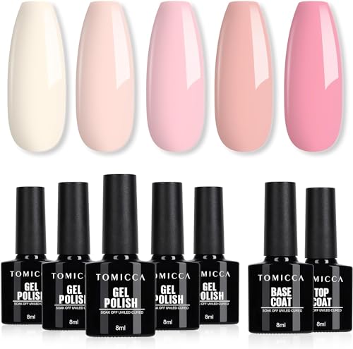 TOMICCA UV Nagellack Set, 5 Farben Gel Mit Base & No Wipe Top Coat, Rosa Nude Pink Soak-Off UV/LED, Nailart Starter Kit Geschenk DIY zu Hause, 7 x 8ml