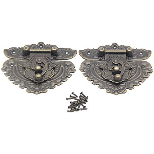 2Pcs Latch Hasp Antique Brass Decorative Hasp Jewelry Wooden Box Hasp Latch Lock with Screws for Drawer Cabinet Jewelry Wooden Case Box Antique Bronze Lock, 86x76mm