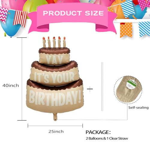 Image of 2PCS Happy Birthday Cake Foil Balloons, 40 inch Large Three-Layer Mylar Birthday Balloons, Yay Balloon for Girls Boys Kids Baby Shower Party Decorations, Brown