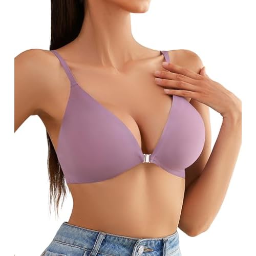 DEANGELMON Front Closure Bras for Women Wireless Lightly Padded Bralett Seamless Low Cut V-Neck Lightweight T-Shirts Bra Light Purple Large
