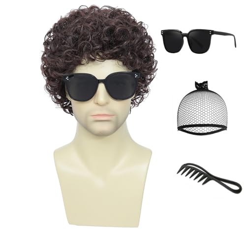 Cariniss Mens Afro Short Curly Synthetic Wig ideal for daily wear cosplay Halloween costumes and 80s retro style (Dark Brown)