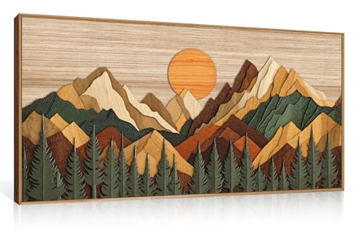 Celestdeco Large Woodcut Style Mountain Framed Canvas Wall Art Set,Woodsy Rustic Ridge Wall Decor,Boho Pine Tree Forest Wall Painting,Abstract Sunrise Wooden Art Print for Living Room,Bedroom,Office-20"X40"(Not-3D Effect)