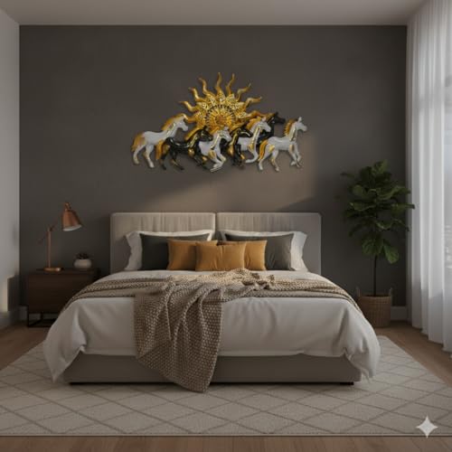 Image of iHandikart 7 Horses Metal Wall Art (Multicolor, Large Size,37x20 Inch) - Running Horses Vastu Wall Decor for Living Room, Modern Metal Wall Hanging Decoration for Home, Office & Entrance