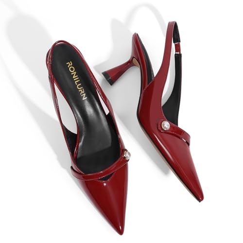 Image of Women Kitten Heels Slingback Low Heel Pumps Dress Shoes for Women Closed Pointed Toe Pearl Heels for Work Wedding Bridal