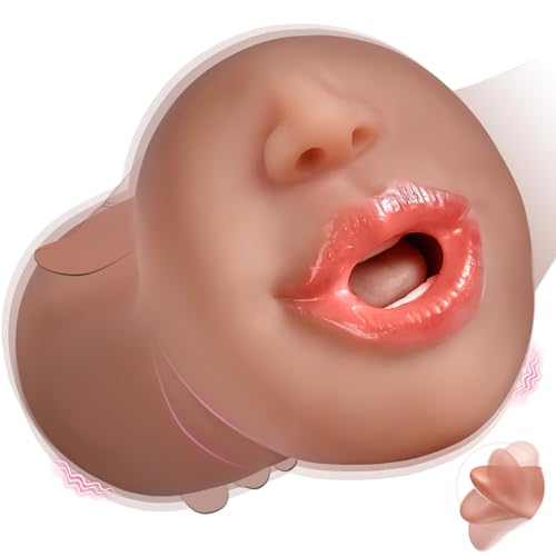 Brown Men Masturbator Licking Vibrating Sex Toys for Men Deep Throat Mouth Sex Toy with Tongue and Teeth Lifelike Men Masturbation Male Stroker for Mouth Sex Realistic Male Masturbator Toy
