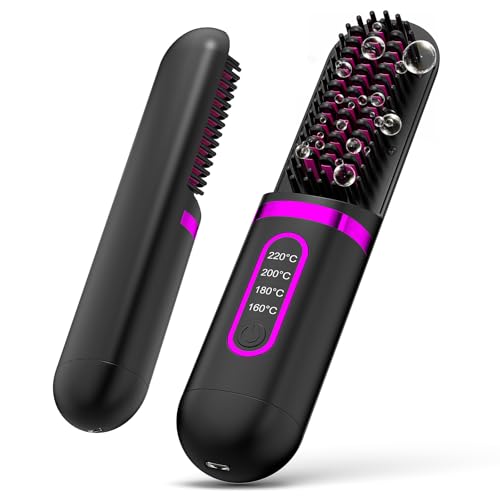 Cepillo alisador de cabello inalámbrico, peine alisador portátil con calefacción, cepillo de pelo con calefacción iónica recargable por USB, cerámica de calentamiento rápido y diseño antiquemaduras