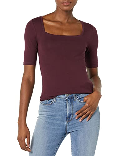Amazon Essentials T-Shirt Ajusté à Manches Mi-Longues et Col Carré Femme, Bordeaux, XXL