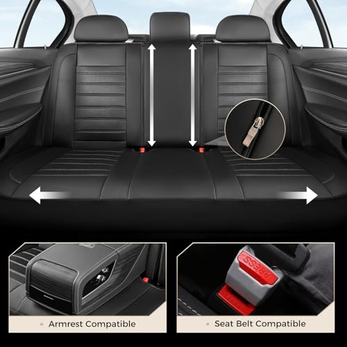 Image of Coverado Full Set Car Seat Protectors, Luxurious Leather & Breathable Mesh Auto Seat Covers for Front Rear Row, Universal 5 Seats Fit Sedan SUV Truck, Black