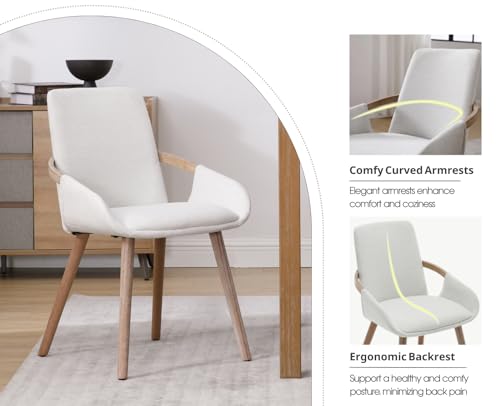 CIMOTA Mid Century Modern Dining Chairs Set of 4 Upholstered Dining Room Chairs Linen Fabric Comfortable Kitchen Chairs Side Chairs with Arms/Natural Wood Legs for Living Room, Beige