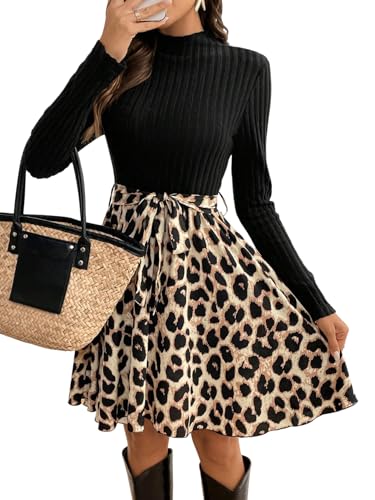 SweatyRocks Leo Kleid Damen Langarm Blusenkleid Strickkleid Midi Kleid Mit Gürtel A Linien Kleid Farbblock Kleid Khaki M