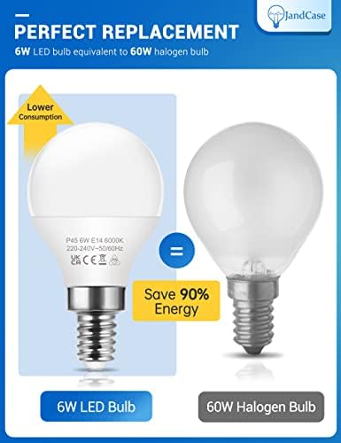 E14 LED Light Bulb, JandCase 6W Small Screw Light Bulb, E14 60W Equivalent, 6000K Cool White Light Bulbs, 600LM E14 Golf Ball Bulb, Non-Dimmable, G45 P45 Energy Saving Light Bulbs, 6 Pack