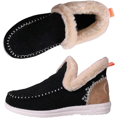 Snow Boots for Women Winter Flat Fluffy Ankle Boots Warm Faux Fur Lining Anti-Slip Slip on Loafer, Casual Indoor Outdoor Plush Short Booties Warm Cozy Micro Suede Memory Foam Slipper