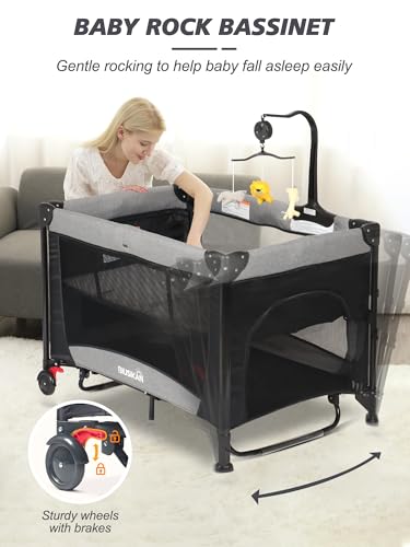 Image of BIUSIKAN Baby Bassinet, Pack and Play with Bassinet, Bedside Sleeper with Diaper Changer, Mosquito Net, Music Box, Portable Crib with One-Click Installation, Playard for Newborn to Toddlers