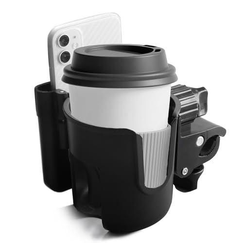 Image of WHLICKS 2-in-1 Walker Cup Holder with Reversible Phone Holder,Fit for Wheelchair, Rollator, Scooter, Bike, Mobility, Camper, Stroller with Sturdy,Rotatable,Adjustable and Anti - Slip Clip