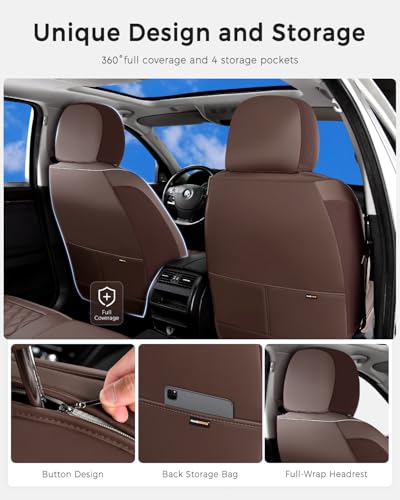 Image of Huidasource Coffee Front Seat Cover, Nappa Leather Front Car Seat Cover, Side Elastic Fabric, Compatible with Airbags, Seat Belts, Universal Fit for Most Cars, Vans, Trucks, SUV (Front Pair /Coffee)