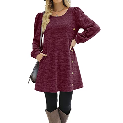 Women's Long Sleeve Dresses Button Side Scoop Neck Fall Dress Tunic With Pockets Casual Night Dresses For Women (Red, M) #TOP4