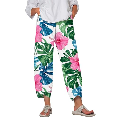 Image of DMOYALA Linen Pants for Women Summer Casual Wide Leg Capri Pants Loose Fit Palazzo Pants Cropped Beach Pants with Pockets
