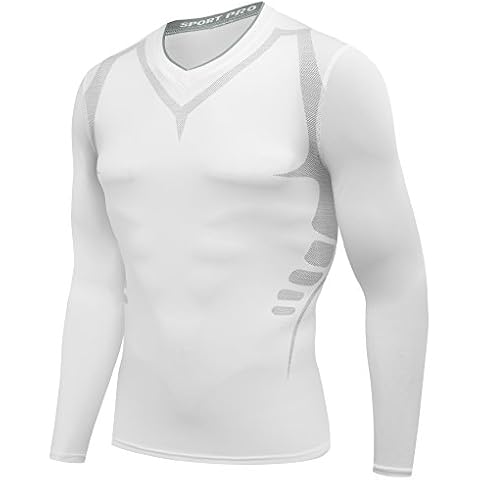 AMZSPORT Men's Long Sleeve Compression Top Cool Dry Tight Baselayer All Season for Running Training White Size L Cover