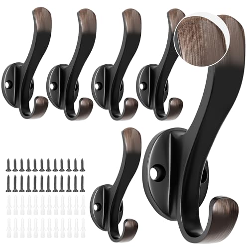 Heavy Duty Coat Hooks - 6 Pack Aluminum Alloy Oil Rubbed Bronze Towel Hooks for Wall Mounted Hanging Jacket Clothes Bags Hat | Metal Utility Hangers for Farmhouse Entryway Mudroom Bathroom Garage