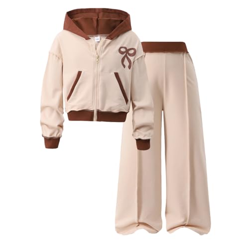 Image of Yoxindax Girls' 2-Piece Clothes Bow Print Zip-Up Hoodie Contrast-Color Wide-Leg Pants Winter 7-14Y Outfits Set