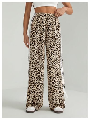 MakeMeChic Women's Leopard Print Striped Pants Bow Side Wide Leg Y2k Trousers2