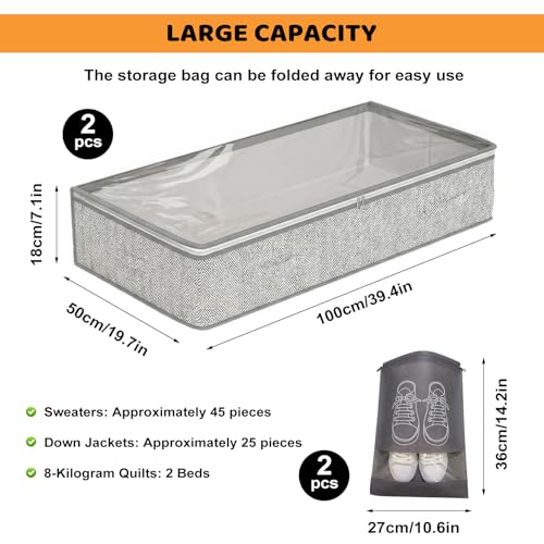 Unterbett Aufbewahrungsbox 2 Stück Unterbettkommode und klarem Transparenter Deckel,18 cm hoch aus langlebigem Material, 4 Griffen & 2 Reißverschluss Faltbar Kleideraufbewahrung & Organisation - Grau