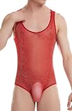 FEOYA Men One Piece Lingerie Soft See Through Mesh Bodysuit Sleeveless Sheer Lace Leotard Comfortable Transparent Jumpsuit Singlets Red M