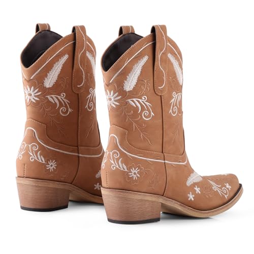 Image of LingxiaUne Cowboy Boots for Women Floral Cowgirl Boots with Pointed Toe and Chunky Heel Mid Calf Western Boot for Concert Festival Country Night Party