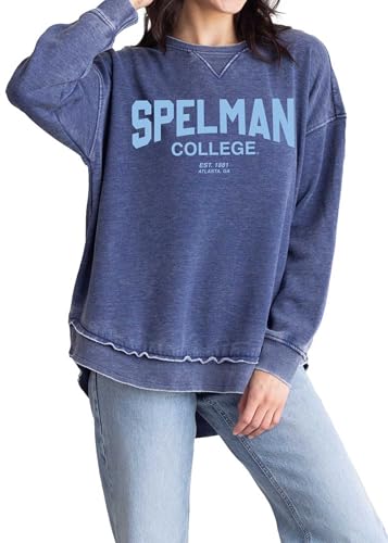 chicka-d Women's Burnout Hi-Lo Campus Crewneck Fleece Sweatshirt NCAA Arch Over Icon Team Color, Spelman College, Ink, Small