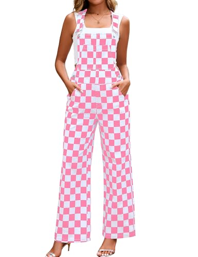YXLUOKY Overalls for Women Loose Fit Jumpsuits Fashion Checkered Straight Leg Pants Stretch Bib Coveralls(Pink Checkered,XL)