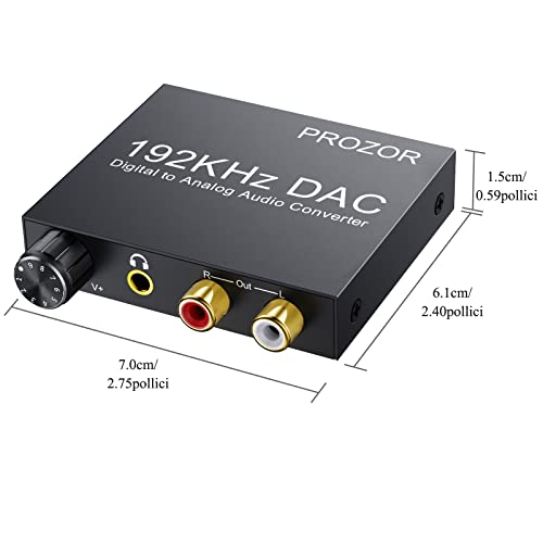 PROZOR DAC Convertitore 192Khz Volume Regolabile Convertitore Coassiale Toslink ad Analogico Stereo L/R con 3.5mm Jack Adattatore Audio Digitale con Cavo Ottico USB per PS3 TVBox Home Cinema