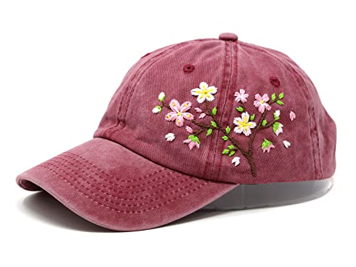 Unique Hand Embroidered Floral Flower Design Baseball Cap 100% Cotton