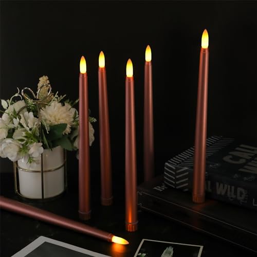 Image of Macarrie 24 Packs Flameless Taper Candles Battery Operated Fake 11 Inch Long Candlelight LED Flameless Candlesticks Flickering Tapered for Summer Fall Wedding(Rose Gold)