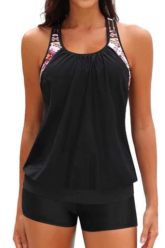 Image of Yonique Two Piece Tankini Bathing Suits T-Back Blouson Swim Tops with Boy Shorts Women Swimsuits Sporty Swimwear