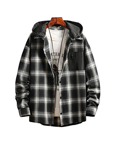 PASOK Men's Plaid Hooded Shirts Casual Long Sleeve Lightweight Snap On Shirt Jackets Black M
