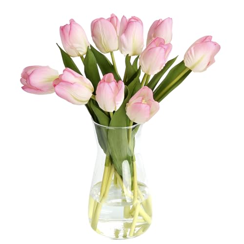 Eyamumo 10PCS Artificial Flowers with Vase, Faux Silk Tulip Flower Artificial Flowers Bouquet in Glass, Faux Flower Arrangement with Vase Suitable for Home Office Decoration, Dining Table Centerpiece